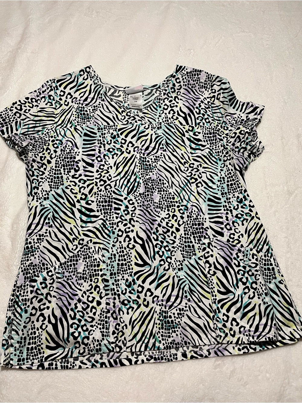 Scrubstar White Short Sleeve Top with Multi Animal Print